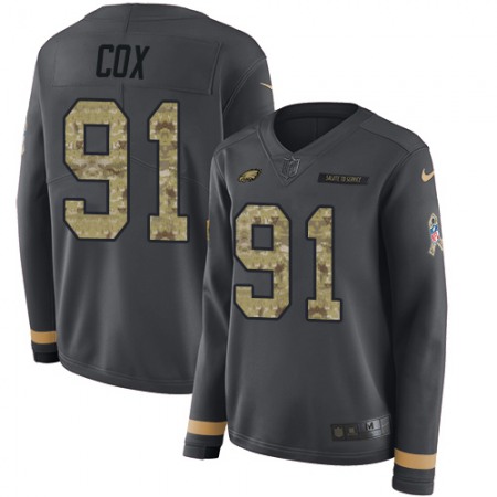 Nike Eagles #91 Fletcher Cox Anthracite Salute to Service Women's Stitched NFL Limited Therma Long Sleeve Jersey
