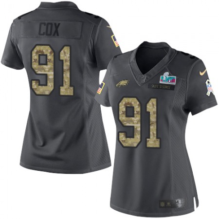 Nike Eagles #91 Fletcher Cox Black Super Bowl LVII Patch Women's Stitched NFL Limited 2016 Salute to Service Jersey