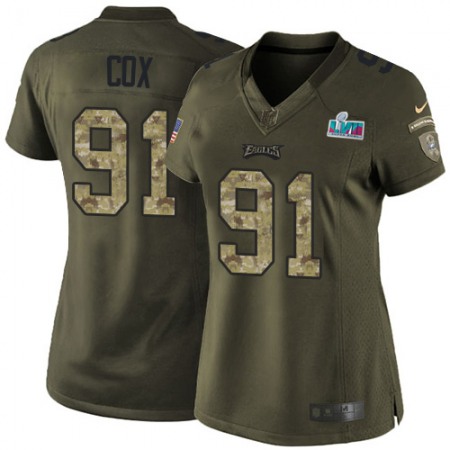 Nike Eagles #91 Fletcher Cox Green Super Bowl LVII Patch Women's Stitched NFL Limited 2015 Salute to Service Jersey
