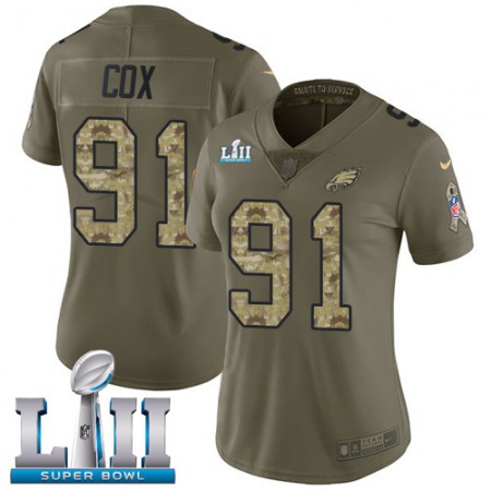 Nike Eagles #91 Fletcher Cox Olive/Camo Super Bowl LII Women's Stitched NFL Limited 2017 Salute to Service Jersey
