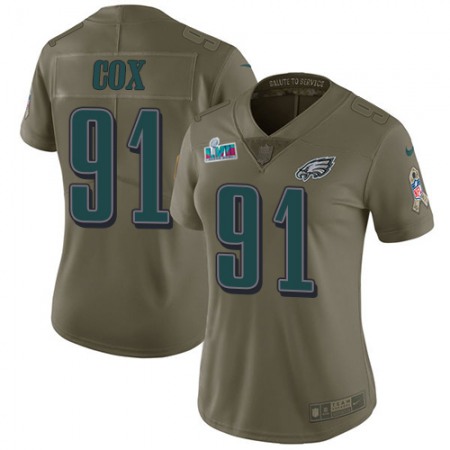 Nike Eagles #91 Fletcher Cox Olive Super Bowl LVII Patch Women's Stitched NFL Limited 2017 Salute To Service Jersey