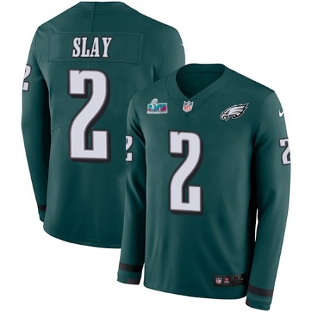 Nike Eagles #2 Darius Slay Green Super Bowl LVII Patch Team Color Youth Stitched NFL Limited Therma Long Sleeve Jersey