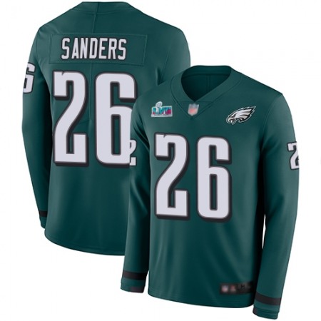 Nike Eagles #26 Miles Sanders Green Super Bowl LVII Patch Team Color Youth Stitched NFL Limited Therma Long Sleeve Jersey