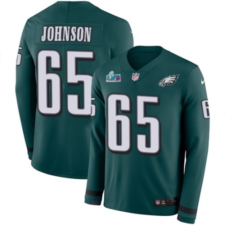 Nike Eagles #65 Lane Johnson Green Super Bowl LVII Patch Team Color Youth Stitched NFL Limited Therma Long Sleeve Jersey