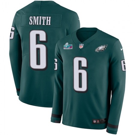 Nike Eagles #6 DeVonta Smith Green Super Bowl LVII Patch Team Color Youth Stitched NFL Limited Therma Long Sleeve Jersey