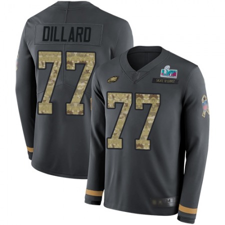 Nike Eagles #77 Andre Dillard Anthracite Super Bowl LVII Patch Salute to Service Youth Stitched NFL Limited Therma Long Sleeve Jersey
