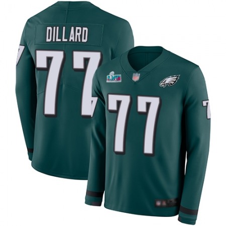 Nike Eagles #77 Andre Dillard Green Super Bowl LVII Patch Team Color Youth Stitched NFL Limited Therma Long Sleeve Jersey