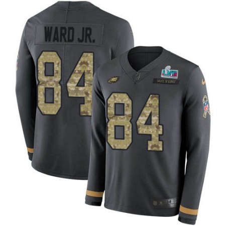 Nike Eagles #84 Greg Ward Jr. Anthracite Super Bowl LVII Patch Salute to Service Youth Stitched NFL Limited Therma Long Sleeve Jersey