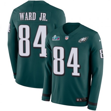 Nike Eagles #84 Greg Ward Jr. Green Super Bowl LVII Patch Team Color Youth Stitched NFL Limited Therma Long Sleeve Jersey