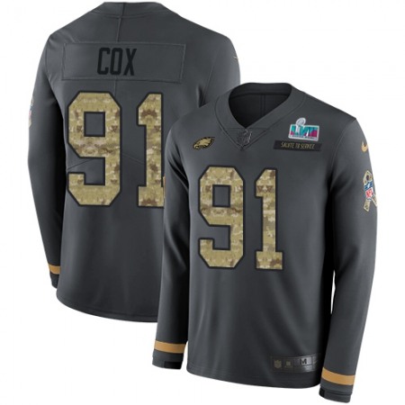 Nike Eagles #91 Fletcher Cox Anthracite Super Bowl LVII Patch Salute to Service Youth Stitched NFL Limited Therma Long Sleeve Jersey