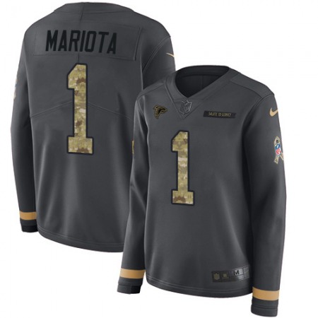 Nike Falcons #1 Marcus Mariota Anthracite Salute to Service Stitched Women's NFL Limited Therma Long Sleeve Jersey