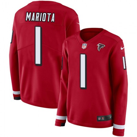 Nike Falcons #1 Marcus Mariota Red Team Color Women's Stitched NFL Limited Therma Long Sleeve Jersey