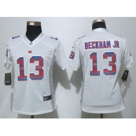 Nike Giants #13 Odell Beckham Jr White Women's Stitched NFL Elite Strobe Jersey