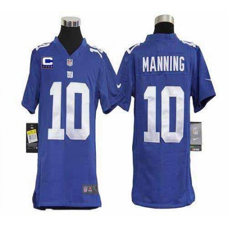 Nike Giants #10 Eli Manning Royal Blue Team Color With C Patch Youth Stitched NFL Elite Jersey