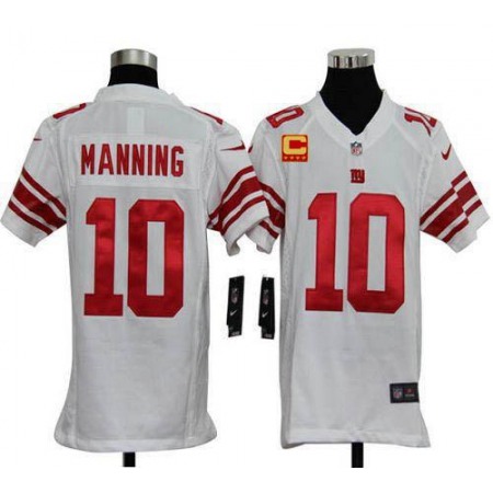 Nike Giants #10 Eli Manning White With C Patch Youth Stitched NFL Elite Jersey