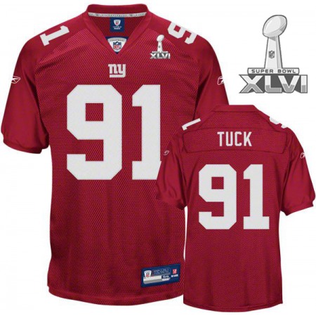 Giants #91 Justin Tuck Red Super Bowl XLVI Embroidered Youth NFL Jersey