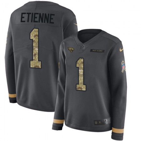 Nike Jaguars #1 Travis Etienne Anthracite Salute to Service Women's Stitched NFL Limited Therma Long Sleeve Jersey