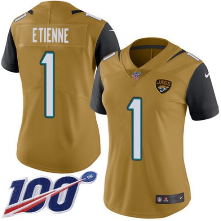 Nike Jaguars #1 Travis Etienne Gold Women's Stitched NFL Limited Rush 100th Season Jersey