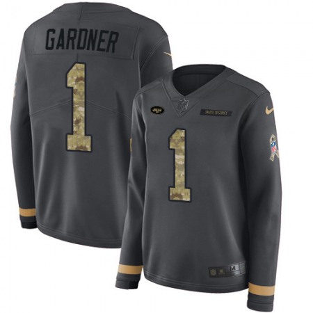 Nike Jets #1 Ahmad Sauce Gardner Anthracite Salute to Service Women's Stitched NFL Limited Therma Long Sleeve Jersey