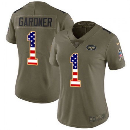 Nike Jets #1 Ahmad Sauce Gardner Olive/USA Flag Women's Stitched NFL Limited 2017 Salute to Service Jersey