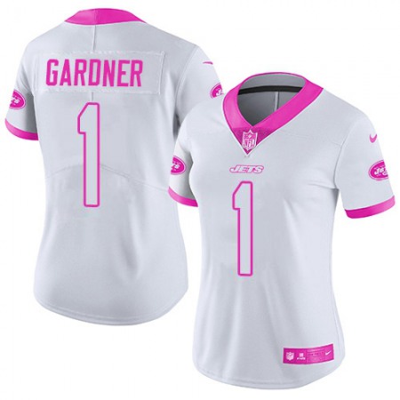 Nike Jets #1 Ahmad Sauce Gardner White/Pink Women's Stitched NFL Limited Rush Fashion Jersey