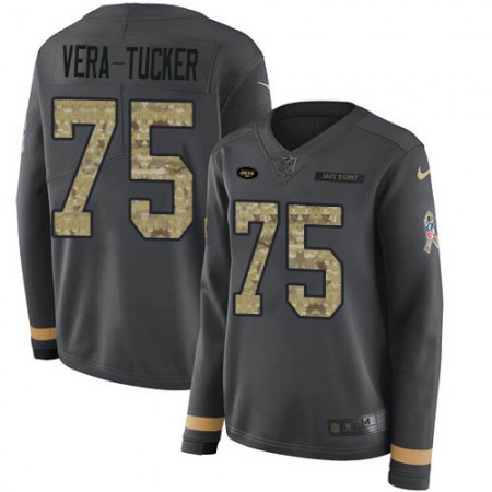 Nike Jets #75 Alijah Vera-Tucker Anthracite Salute to Service Women's Stitched NFL Limited Therma Long Sleeve Jersey