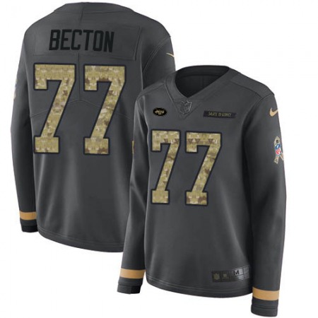 Nike Jets #77 Mekhi Becton Anthracite Salute to Service Women's Stitched NFL Limited Therma Long Sleeve Jersey
