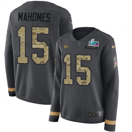 Nike Chiefs #15 Patrick Mahomes Anthracite Super Bowl LVII Patch Salute to Service Women's Stitched NFL Limited Therma Long Sleeve Jersey