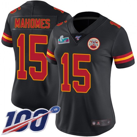 Nike Chiefs #15 Patrick Mahomes Black Super Bowl LVII Patch Women's Stitched NFL Limited Rush 100th Season Jersey