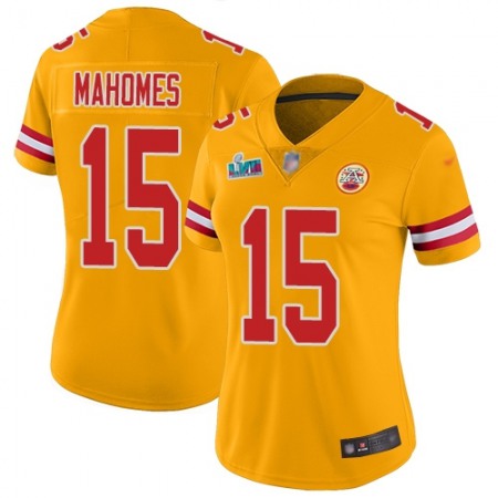 Nike Chiefs #15 Patrick Mahomes Gold Super Bowl LVII Patch Women's Stitched NFL Limited Inverted Legend Jersey