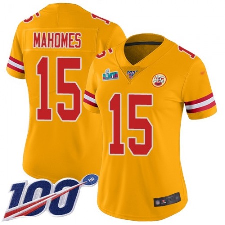 Nike Chiefs #15 Patrick Mahomes Gold Super Bowl LVII Patch Women's Stitched NFL Limited Inverted Legend 100th Season Jersey
