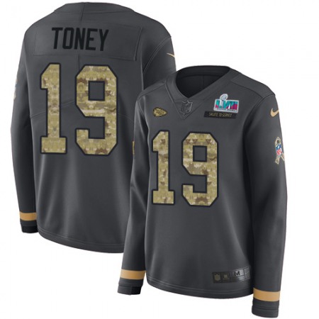 Nike Chiefs #19 Kadarius Toney Anthracite Salute to Service Super Bowl LVII Patch Women's Stitched NFL Limited Therma Long Sleeve Jersey