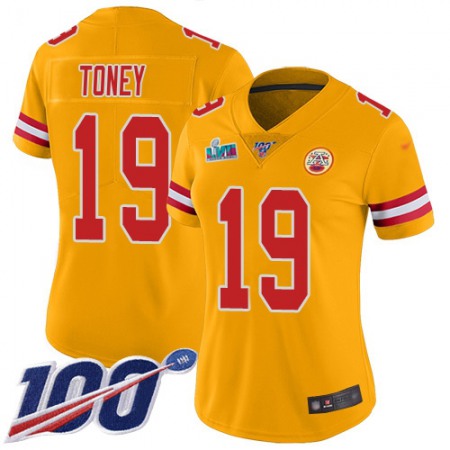 Nike Chiefs #19 Kadarius Toney Gold Super Bowl LVII Patch Women's Stitched NFL Limited Inverted Legend 100th Season Jersey