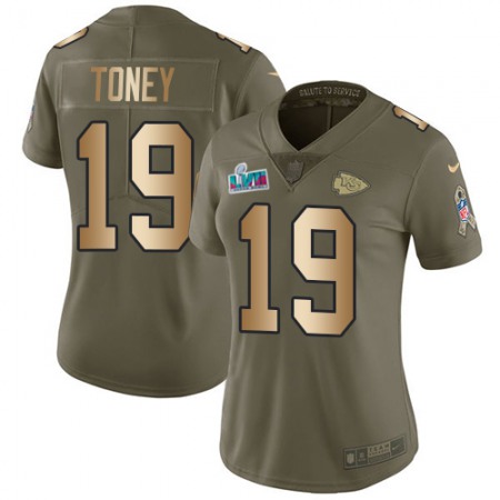 Nike Chiefs #19 Kadarius Toney Olive/Gold Super Bowl LVII Patch Women's Stitched NFL Limited 2017 Salute to Service Jersey