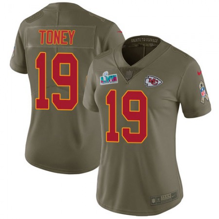 Nike Chiefs #19 Kadarius Toney Olive Super Bowl LVII Patch Women's Stitched NFL Limited 2017 Salute to Service Jersey