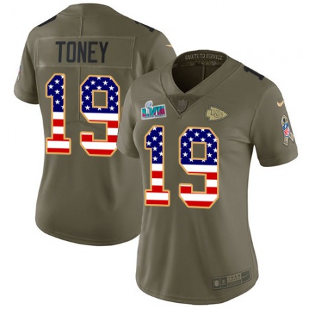 Nike Chiefs #19 Kadarius Toney Olive/USA Flag Super Bowl LVII Patch Women's Stitched NFL Limited 2017 Salute to Service Jersey
