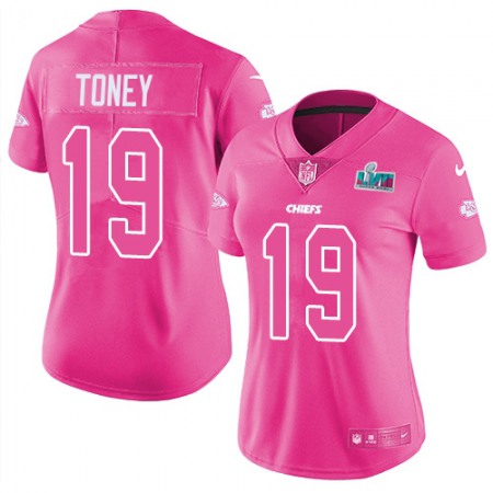 Nike Chiefs #19 Kadarius Toney Pink Super Bowl LVII Patch Women's Stitched NFL Limited Rush Fashion Jersey