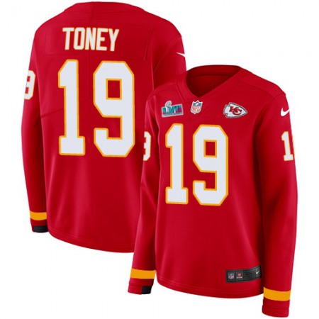 Nike Chiefs #19 Kadarius Toney Red Team Color Super Bowl LVII Patch Women's Stitched NFL Limited Therma Long Sleeve Jersey