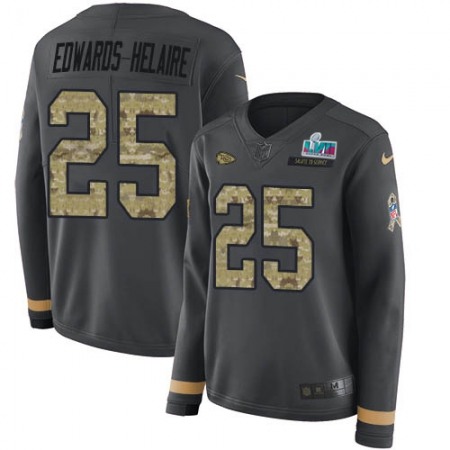 Nike Chiefs #25 Clyde Edwards-Helaire Anthracite Super Bowl LVII Patch Salute to Service Women's Stitched NFL Limited Therma Long Sleeve Jersey