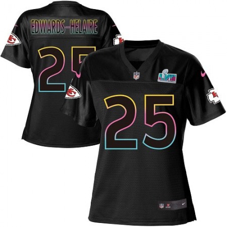 Nike Chiefs #25 Clyde Edwards-Helaire Black Super Bowl LVII Patch Women's NFL Fashion Game Jersey