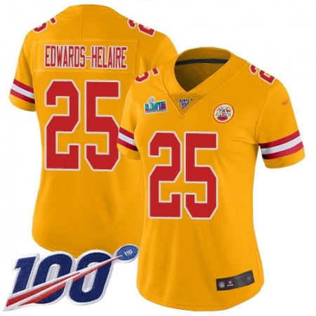 Nike Chiefs #25 Clyde Edwards-Helaire Gold Super Bowl LVII Patch Women's Stitched NFL Limited Inverted Legend 100th Season Jersey