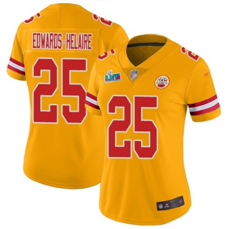 Nike Chiefs #25 Clyde Edwards-Helaire Gold Super Bowl LVII Patch Women's Stitched NFL Limited Inverted Legend Jersey
