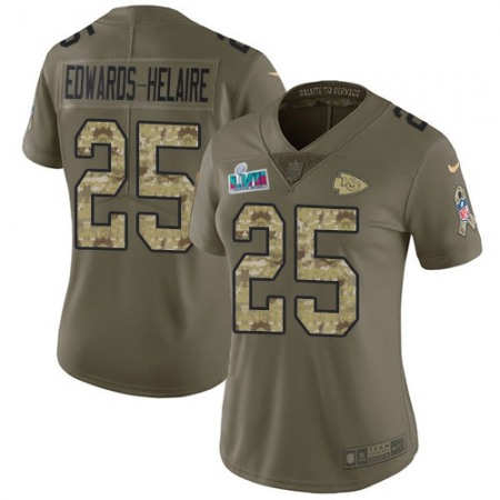Nike Chiefs #25 Clyde Edwards-Helaire Olive/Camo Super Bowl LVII Patch Women's Stitched NFL Limited 2017 Salute To Service Jersey