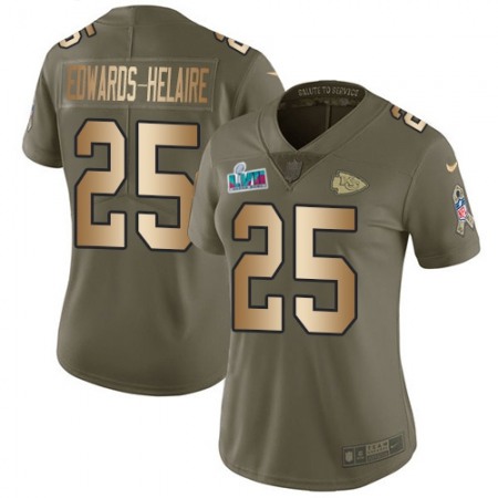 Nike Chiefs #25 Clyde Edwards-Helaire Olive/Gold Super Bowl LVII Patch Women's Stitched NFL Limited 2017 Salute To Service Jersey