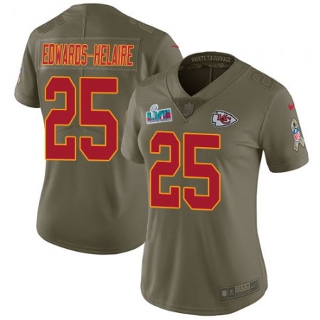 Nike Chiefs #25 Clyde Edwards-Helaire Olive Super Bowl LVII Patch Women's Stitched NFL Limited 2017 Salute To Service Jersey