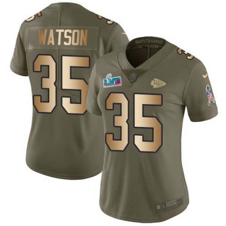 Nike Chiefs #35 Jaylen Watson Olive/Gold Super Bowl LVII Patch Women's Stitched NFL Limited 2017 Salute to Service Jersey