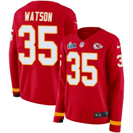 Nike Chiefs #35 Jaylen Watson Red Team Color Super Bowl LVII Patch Women's Stitched NFL Limited Therma Long Sleeve Jersey