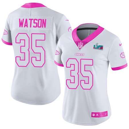 Nike Chiefs #35 Jaylen Watson White/Pink Super Bowl LVII Patch Women's Stitched NFL Limited Rush Fashion Jersey