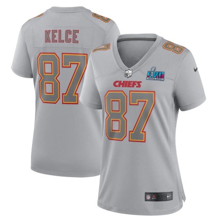 Nike Chiefs #87 Travis Kelce Women's Super Bowl LVII Patch Atmosphere Fashion Game Jersey - Gray