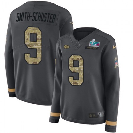 Nike Chiefs #9 JuJu Smith-Schuster Anthracite Super Bowl LVII Patch Salute to Service Women's Stitched NFL Limited Therma Long Sleeve Jersey
